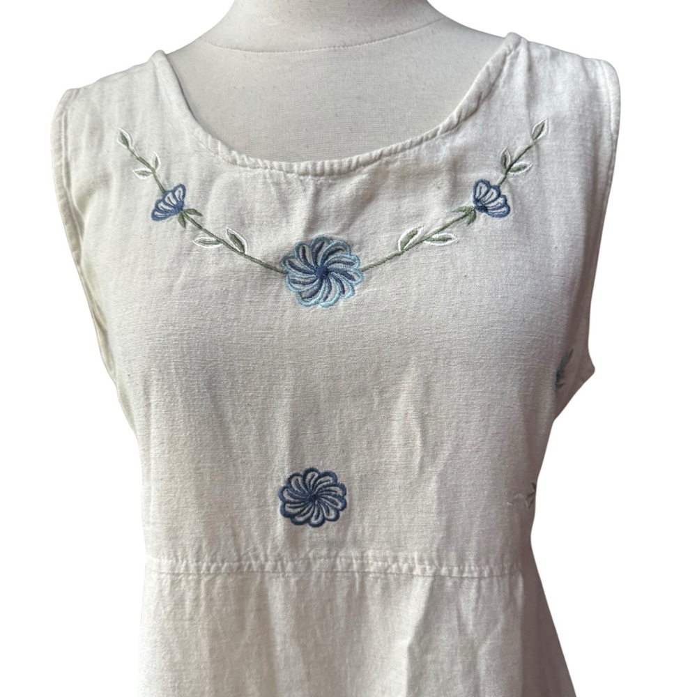 1990s M.P.H. Light Tan, Floral Embroidered, Flex/Rayon Sundress - Picture 2 of 6
